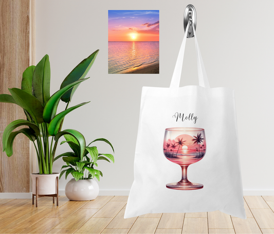 Personalised Tote Shopping Bag - Sunset Wine Glass Design