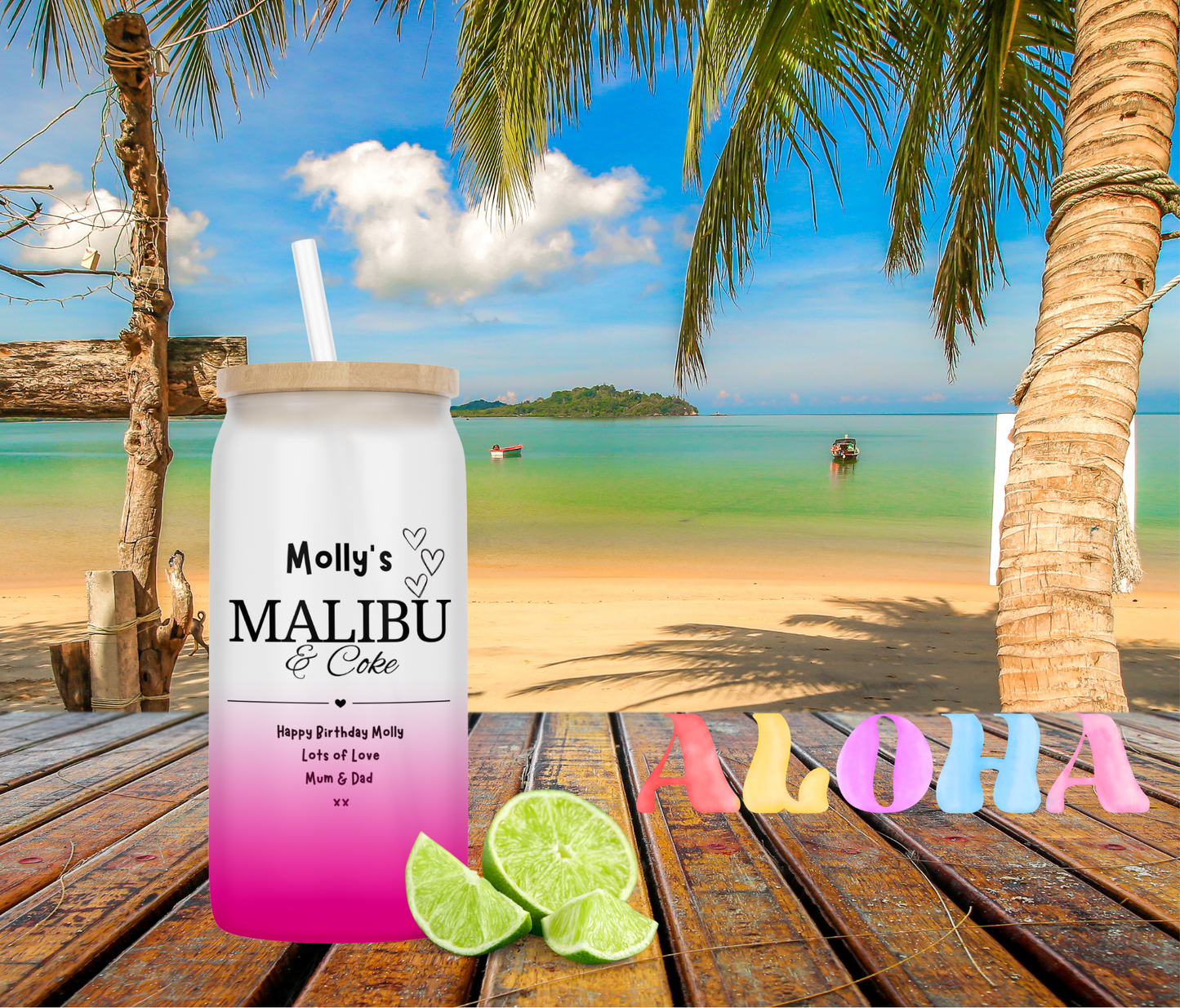 Personalised Ombre Coloured Glass Tumbler - Malibu Rum Design