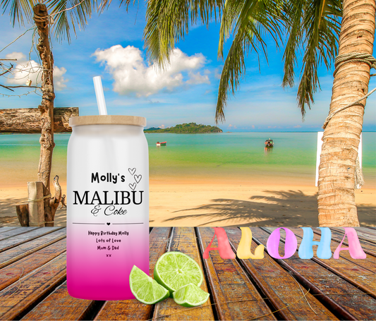 Personalised Ombre Coloured Glass Tumbler - Malibu Rum Design