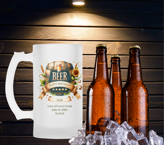 Personalised Frosted Glass Tankard - Beer Barrel