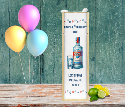 Personalised Wooden Bottle Gift Box - Vodka Blue Design