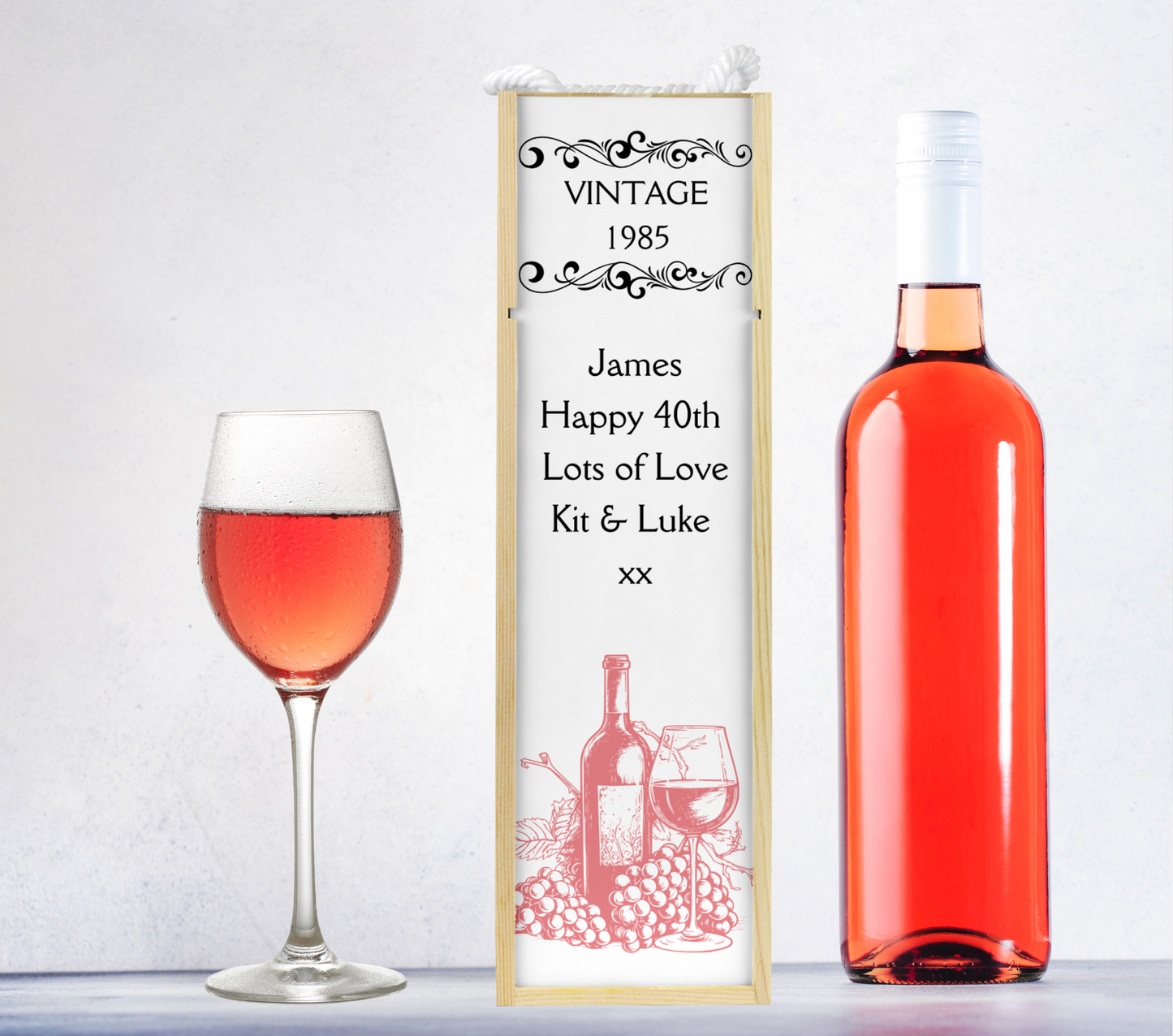 Personalised Wooden Bottle Gift Box - Vintage Rose Wine Design