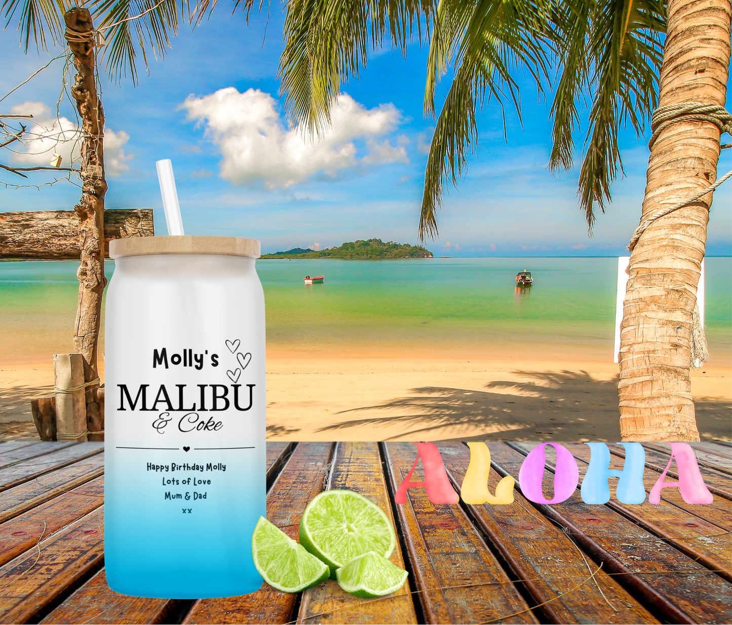 Personalised Ombre Coloured Glass Tumbler - Malibu Rum Design