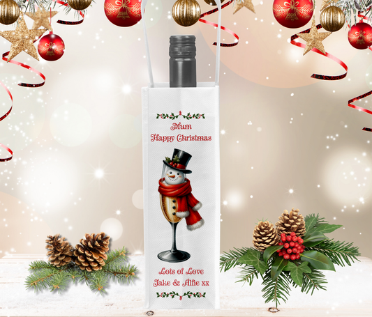 Personalised Bottle Gift Bag - Christmas Snowman Prosecco Design