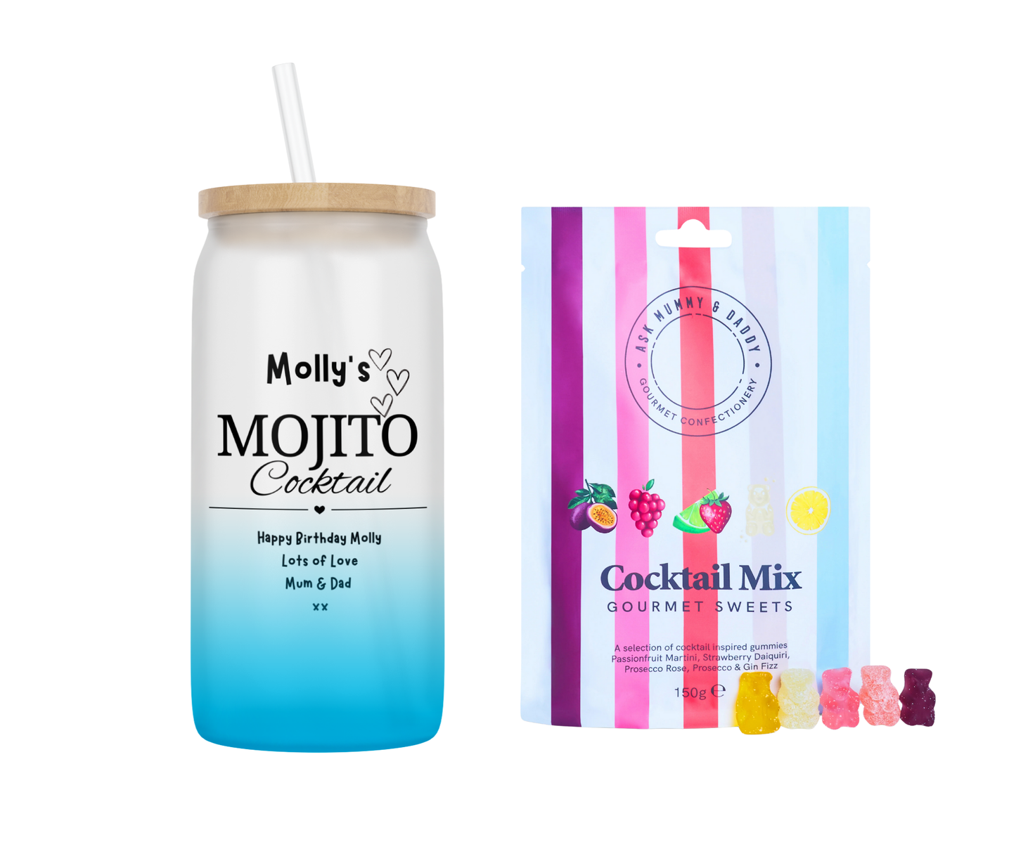 Personalised Mojito Design Ombre Coloured Glass Tumbler & Cocktail Gummies