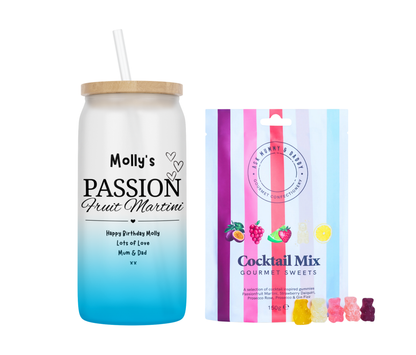 Personalised Passion Fruit Martini Design Ombre Coloured Glass Tumbler & Cocktail Gummies