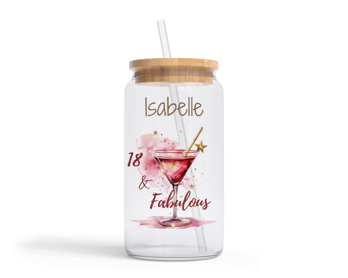 Personalised Clear Glass Tumbler with Lid & Straw - Fabulous Birthday Pink Cocktail Design