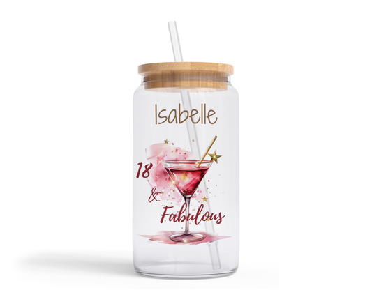Personalised 18th Birthday Clear Glass Tumbler - 18 & Fabulous Pink Cocktail