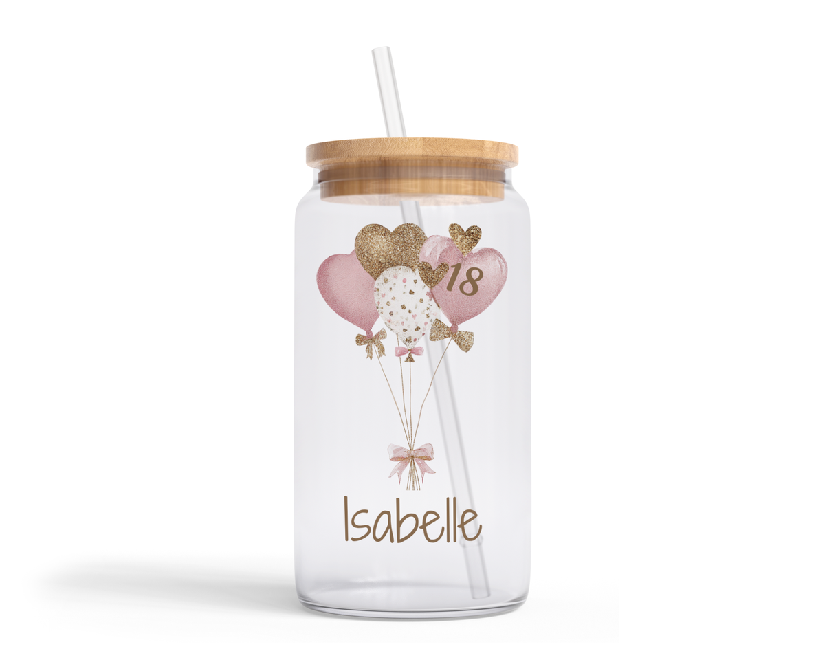 Personalised Clear Glass Tumbler with Lid & Straw - Birthday Pink & Gold Balloons Design
