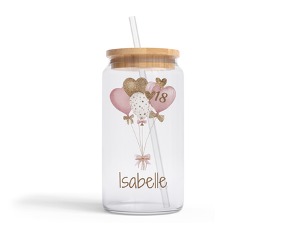 Personalised Clear Glass Tumbler with Lid & Straw - Birthday Pink & Gold Balloons Design