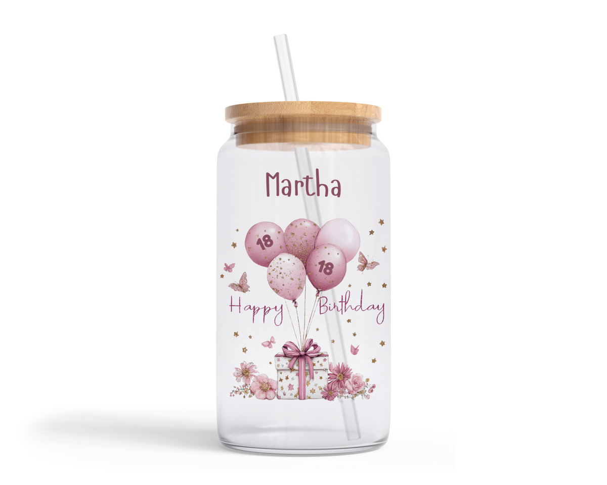Personalised Clear Glass Tumbler with Lid & Straw - Birthday Pink Present Design