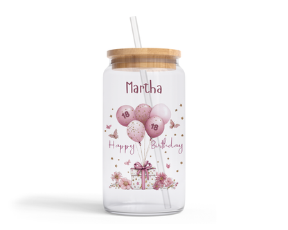 Personalised Clear Glass Tumbler with Lid & Straw - Birthday Pink Present Design