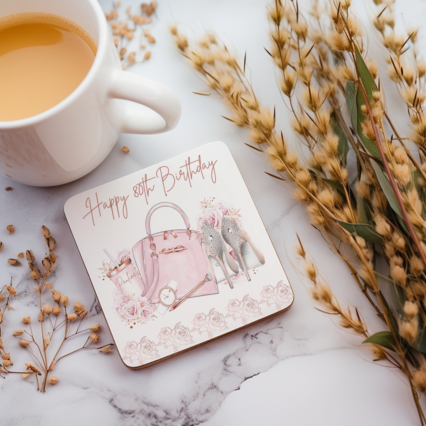 Personalised Drinks Coaster - Pink Shoes & Handbag Design