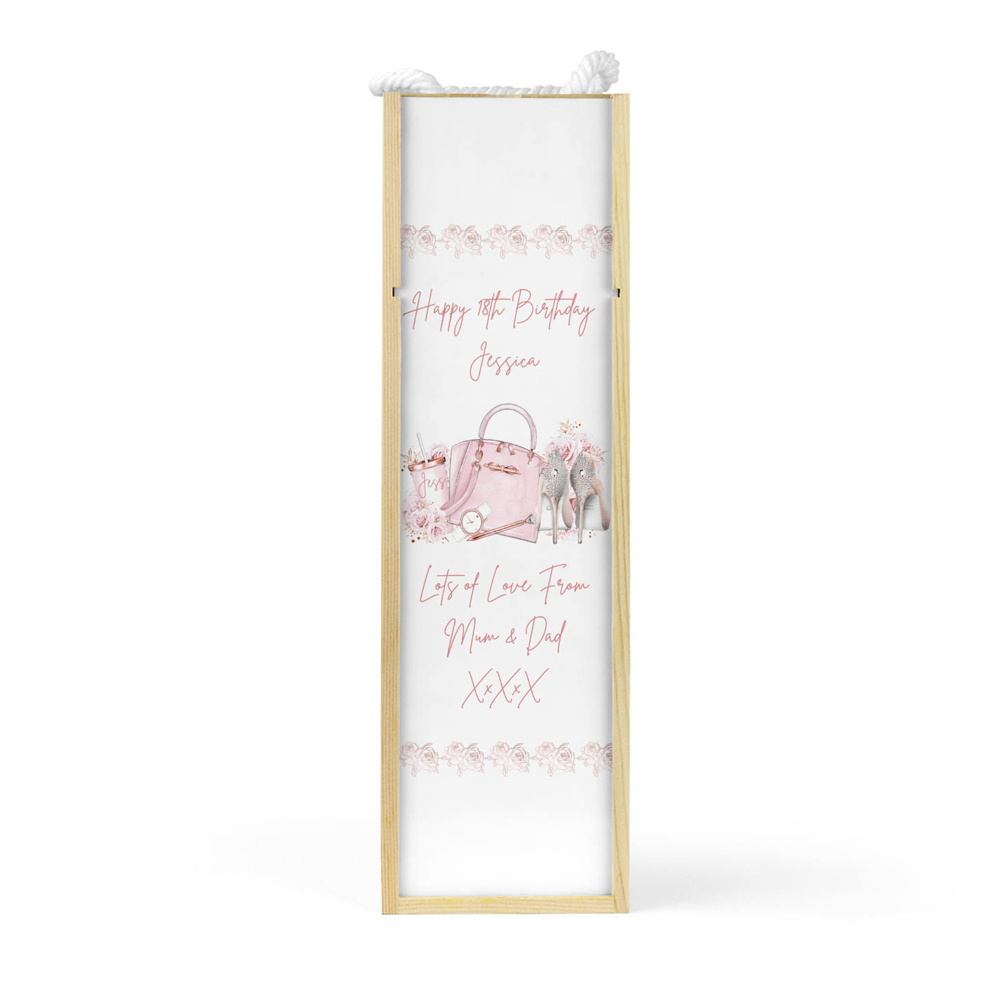 Personalised Wooden Wine Bottle Gift Box - Pink Shoes & Handbag