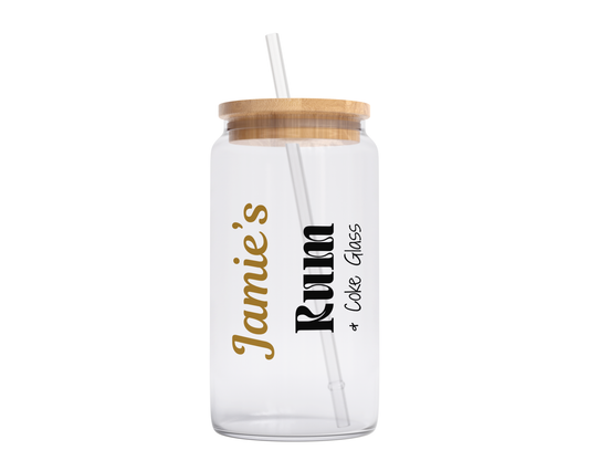 Personalised Clear Glass Tumbler with Lid & Straw - Rum Design