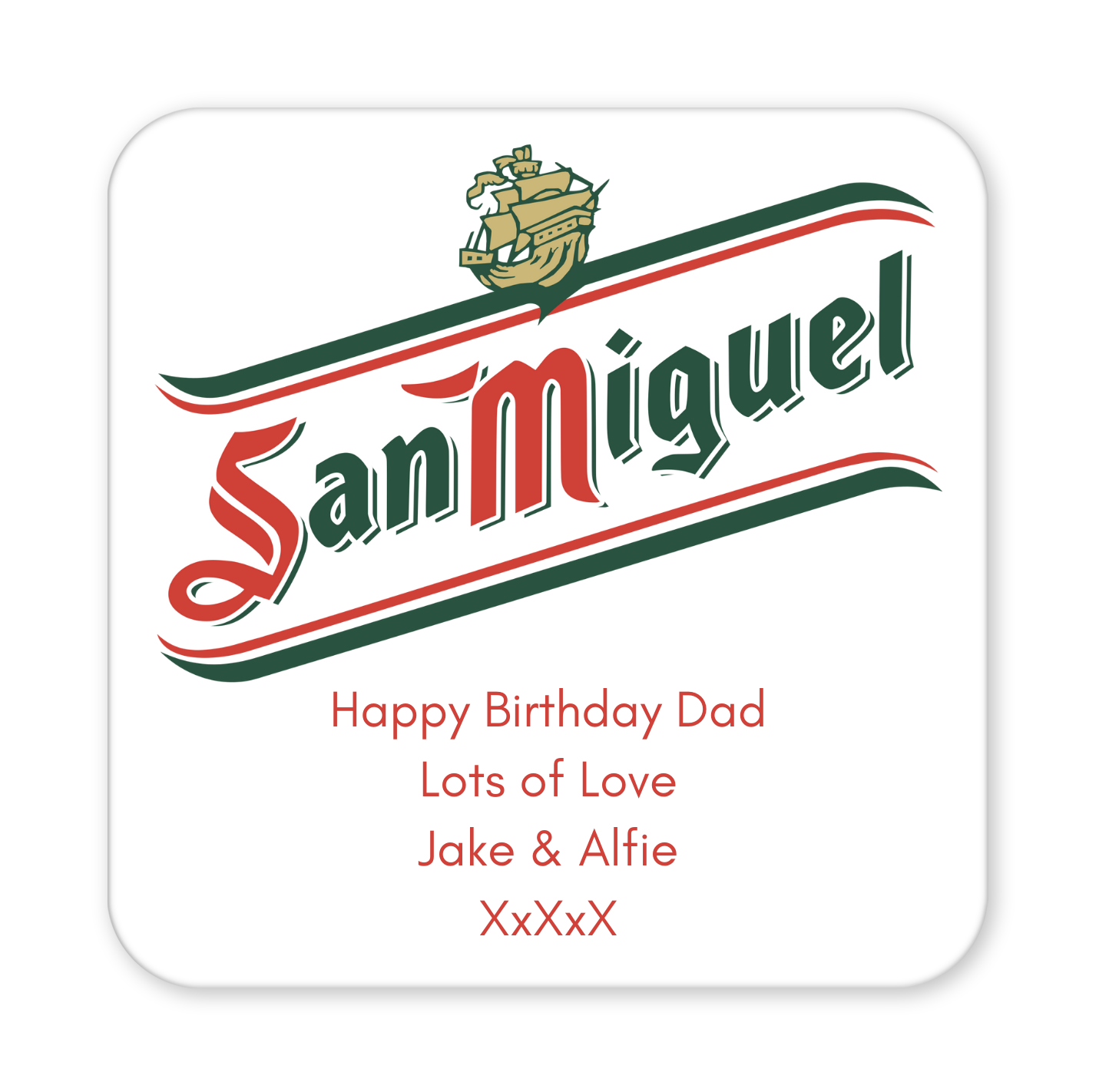 Personalised San Miguel Coaster & Keyring with Treats in Letterbox Gift Box