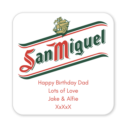 Personalised San Miguel Coaster & Keyring with Treats in Letterbox Gift Box