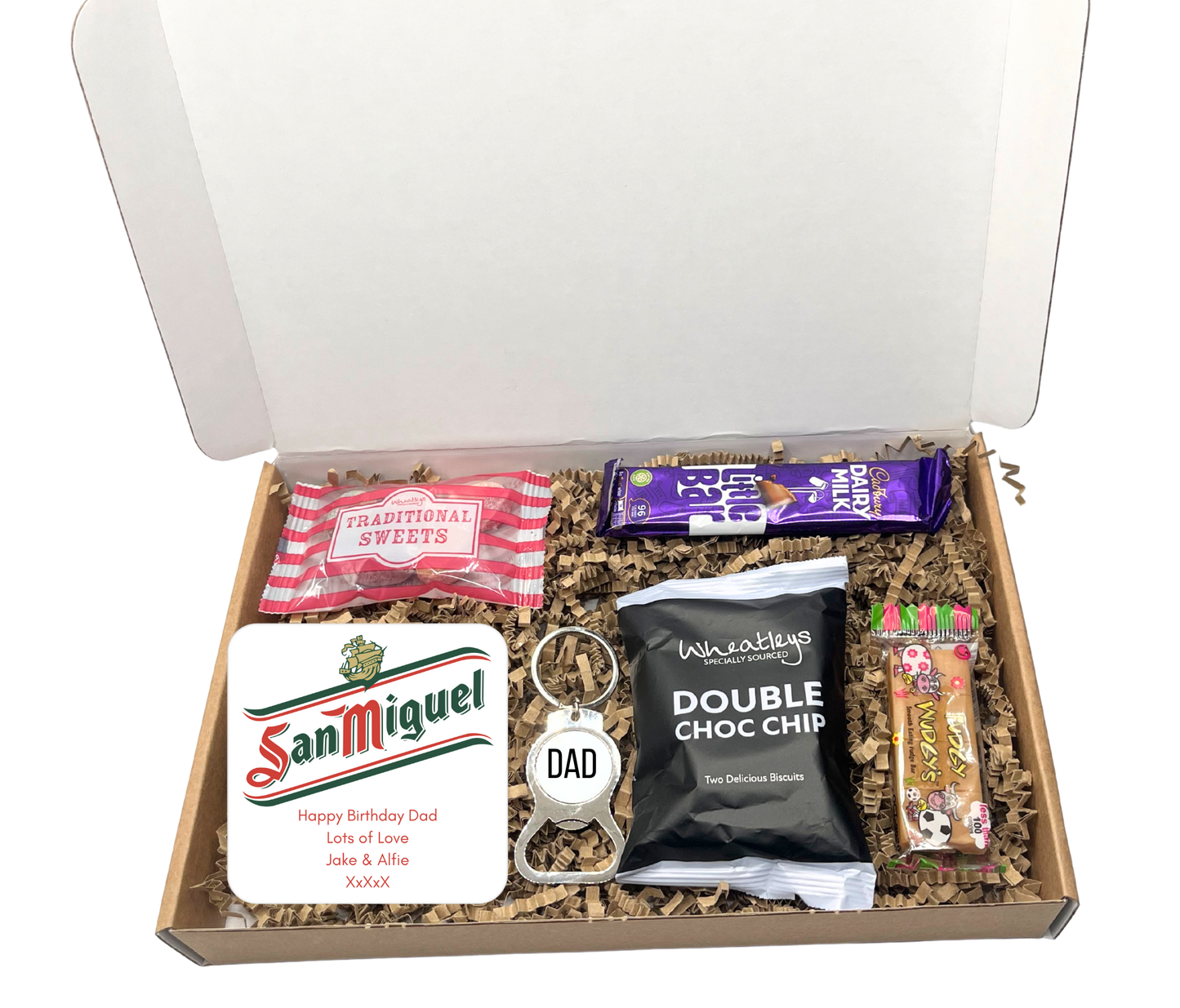 Personalised San Miguel Coaster & Keyring with Treats in Letterbox Gift Box