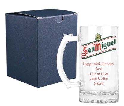 Personalised Glass Beer Tankard Mug - San Miguel Lager Design