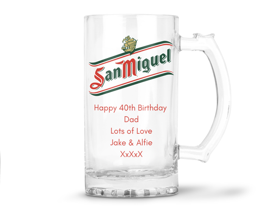 Personalised Glass Beer Tankard Mug - San Miguel Lager Design