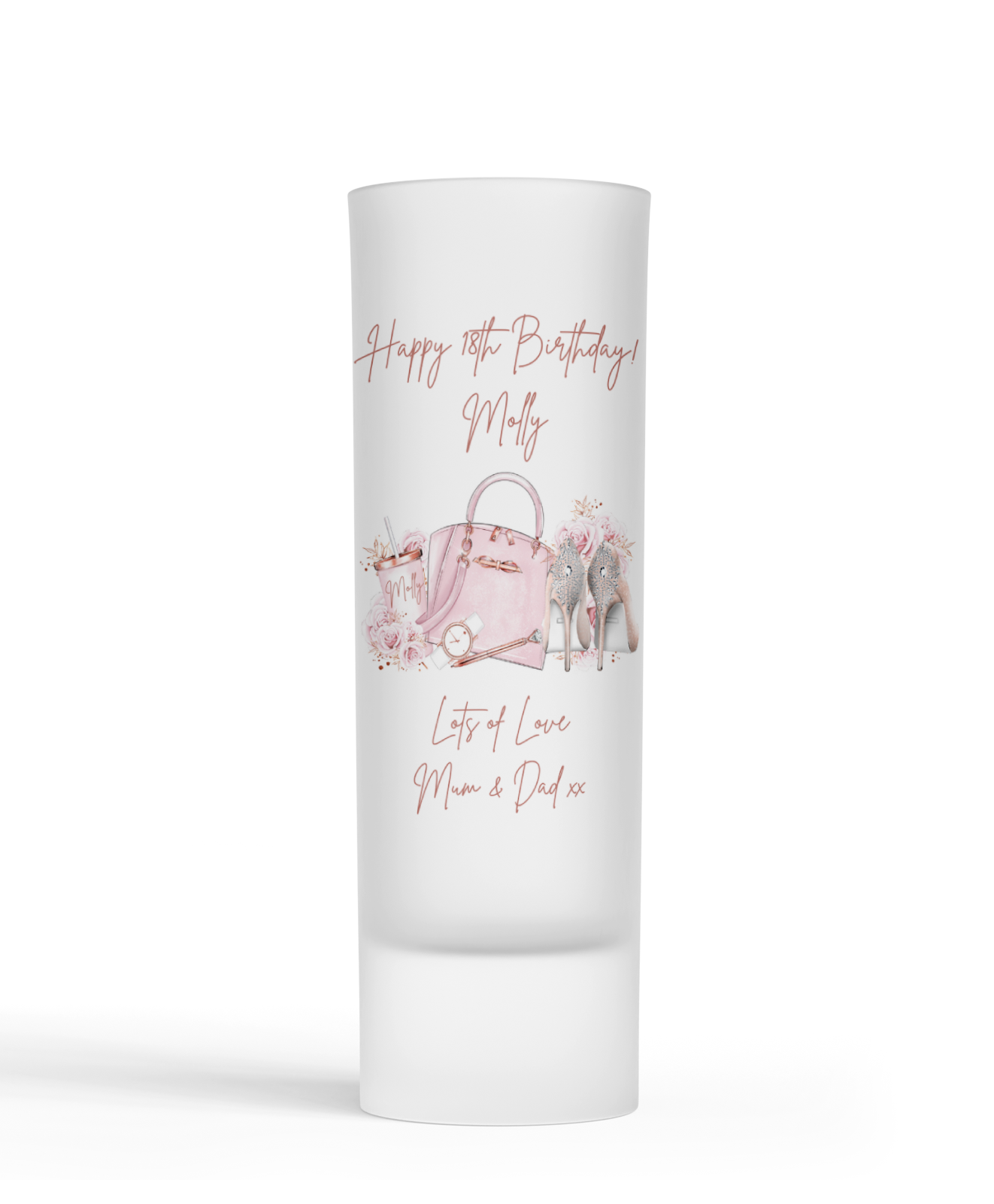 Personalised Shot Glass - Pink Shoes & Handbag Design