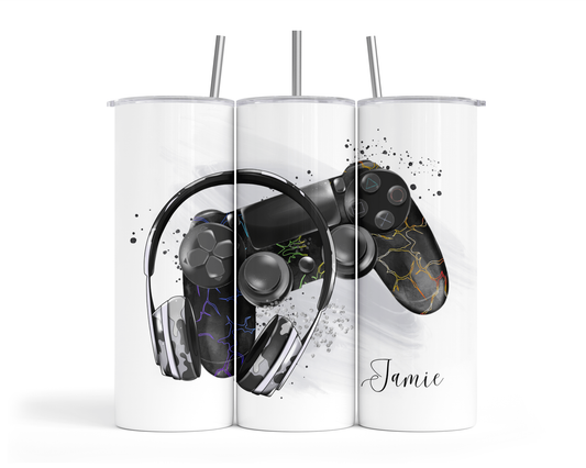 Personalised Insulated Tumbler Travel Sports Bottle - Black Gaming Controller