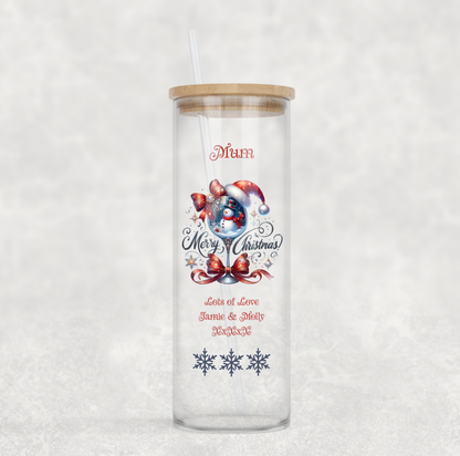 Personalised Tall Glass Tumbler - Snowman Christmas Design