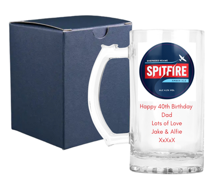 Personalised Glass Beer Tankard Mug - Spitfire Amber Ale Design