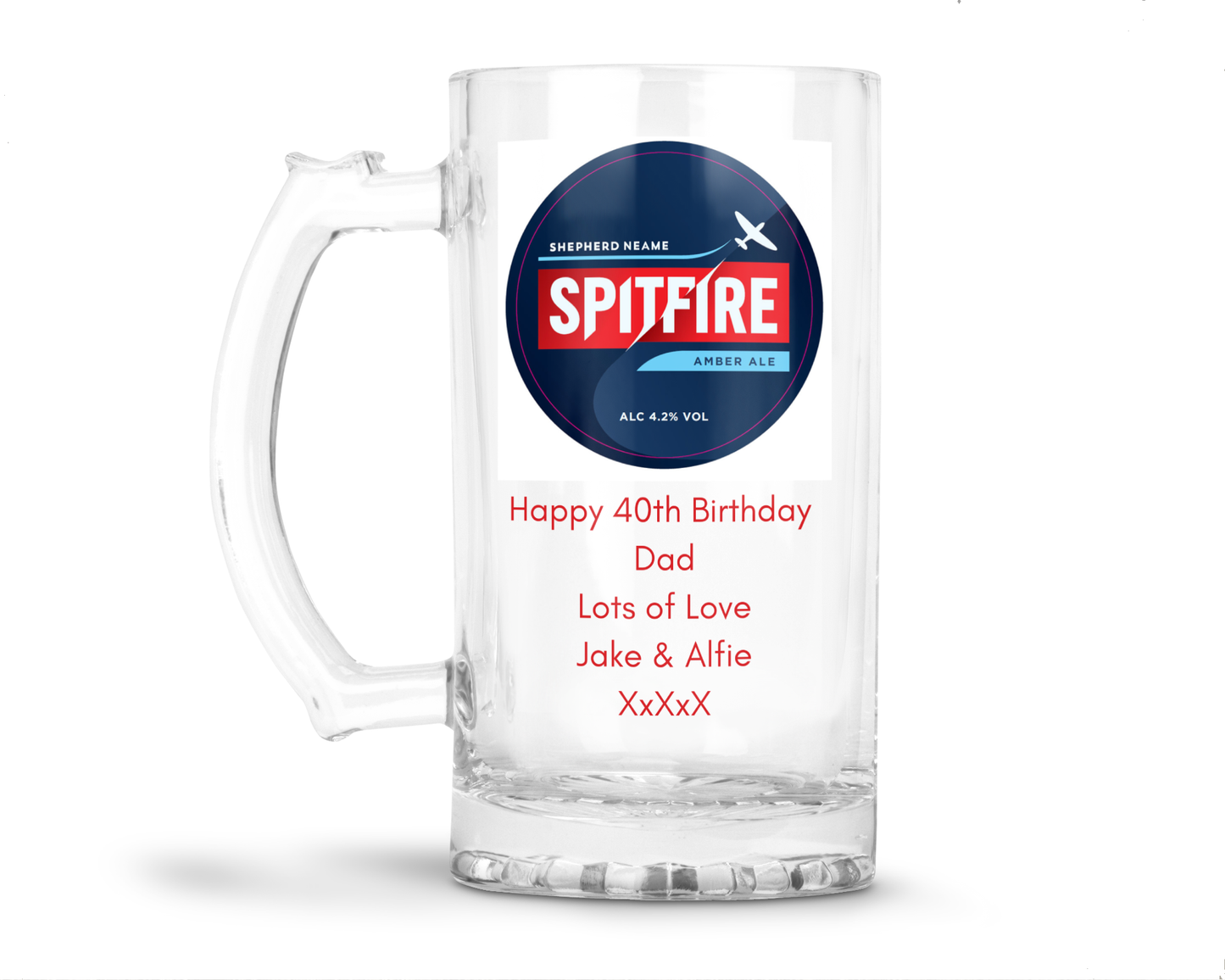 Personalised Glass Beer Tankard Mug - Spitfire Amber Ale Design