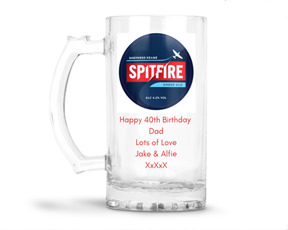 Personalised Glass Beer Tankard Mug - Spitfire Amber Ale Design