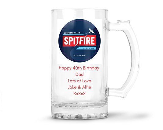 Personalised Glass Beer Tankard Mug - Spitfire Amber Ale Design