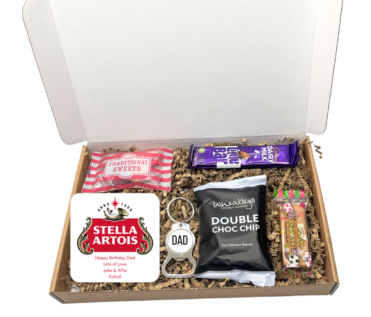 Personalised Stella Artois Coaster & Keyring with Treats in Letterbox Gift Box