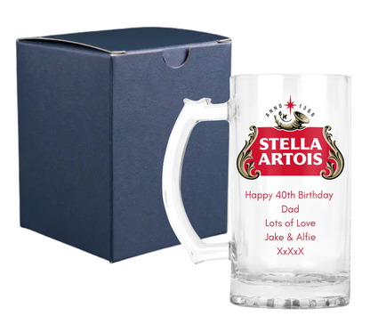 Personalised Glass Beer Tankard Mug - Stella Artois Lager Design