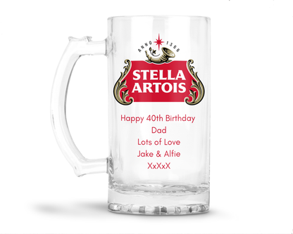 Personalised Glass Beer Tankard Mug - Stella Artois Lager Design