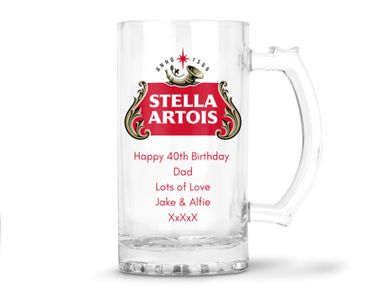 Personalised Glass Beer Tankard Mug - Stella Artois Lager Design