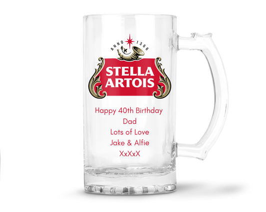 Personalised Glass Beer Tankard Mug - Stella Artois Lager Design