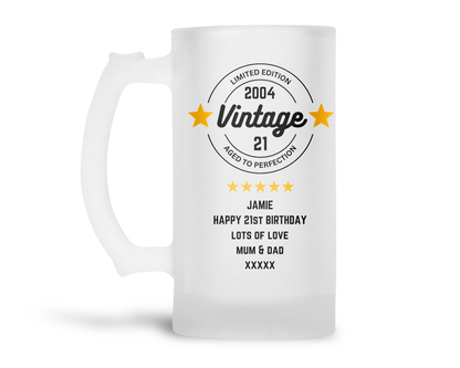 Personalised Frosted Glass Tankard (0.8 Pint) - Vintage Birthday Design