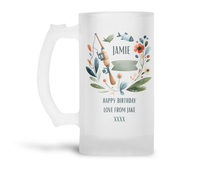Personalised Frosted Glass Tankard - Fishing Rod