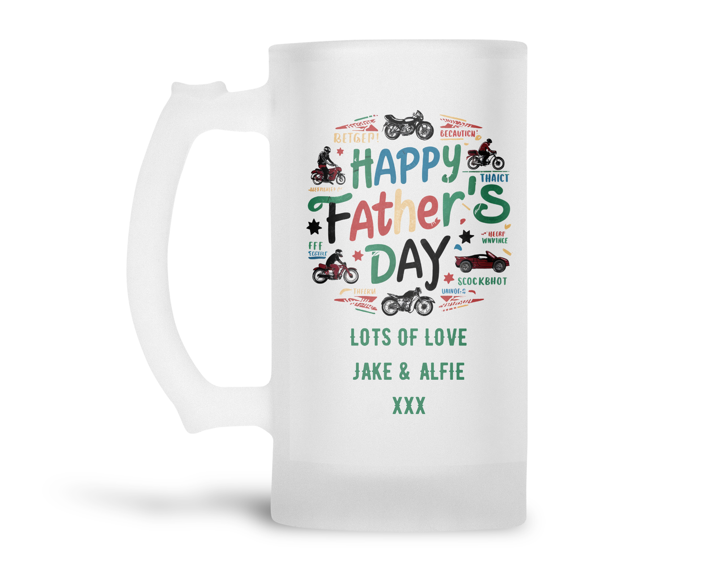 Personalised Frosted Glass Tankard - Father's Day Motorbike