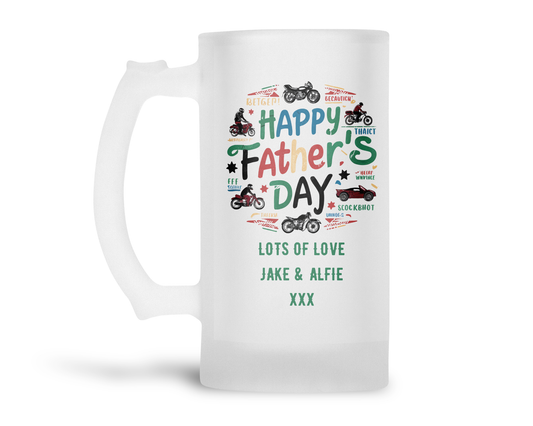 Personalised Frosted Glass Tankard - Father's Day Motorbike