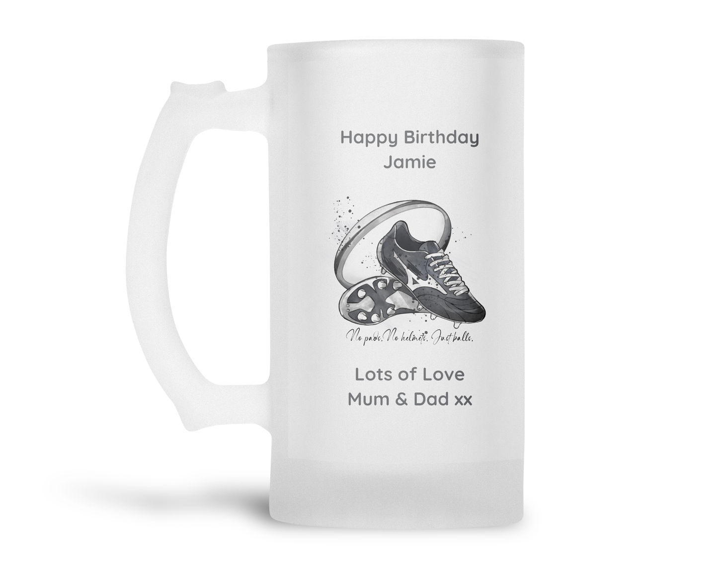 Personalised Frosted Glass Tankard - Rugby No Pads Design