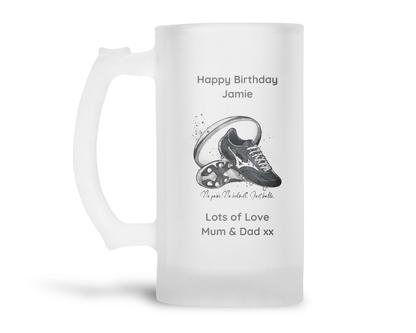 Personalised Frosted Glass Tankard - Rugby No Pads Design