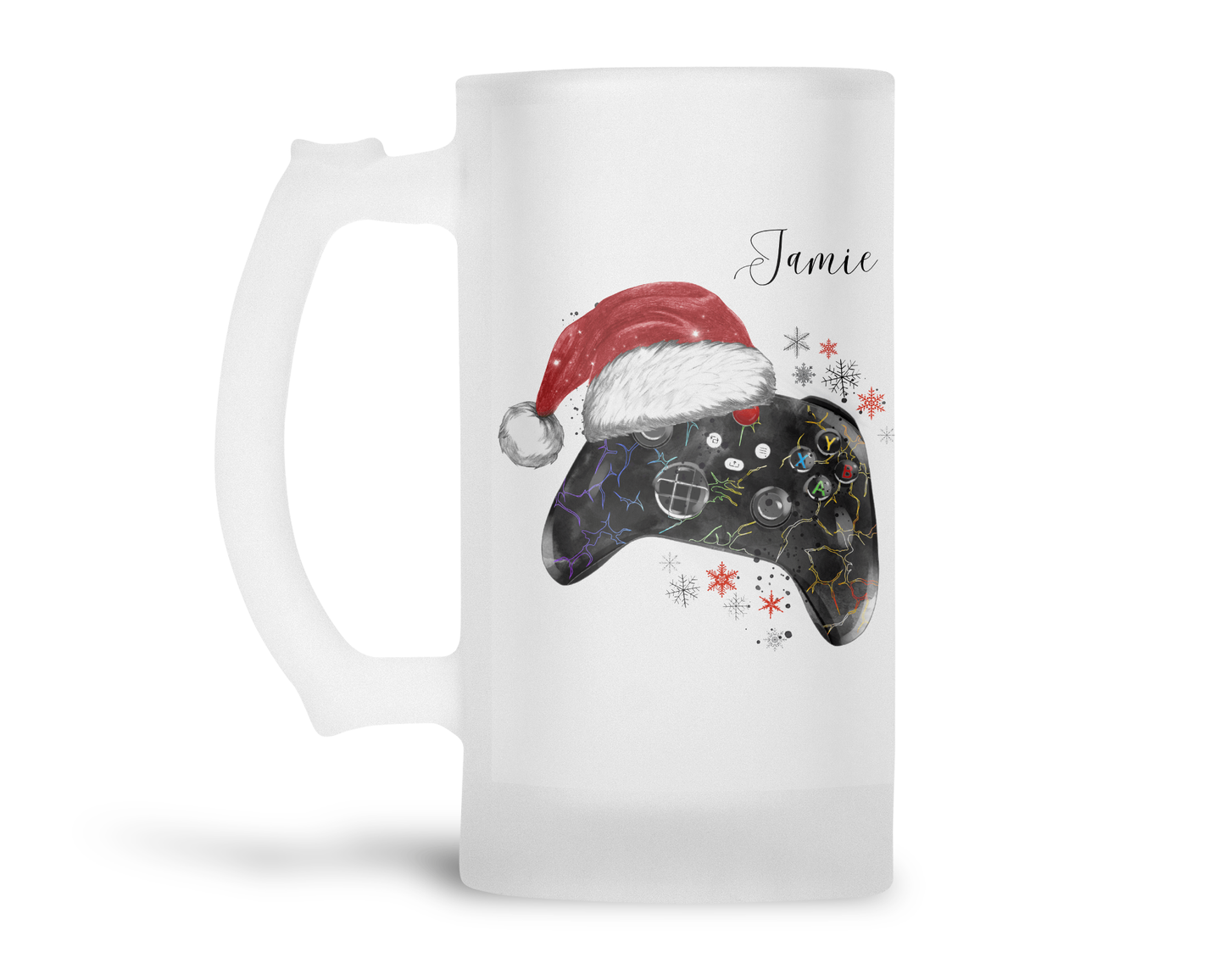 Personalised Frosted Glass Tankard - Christmas Gaming Santa Hat