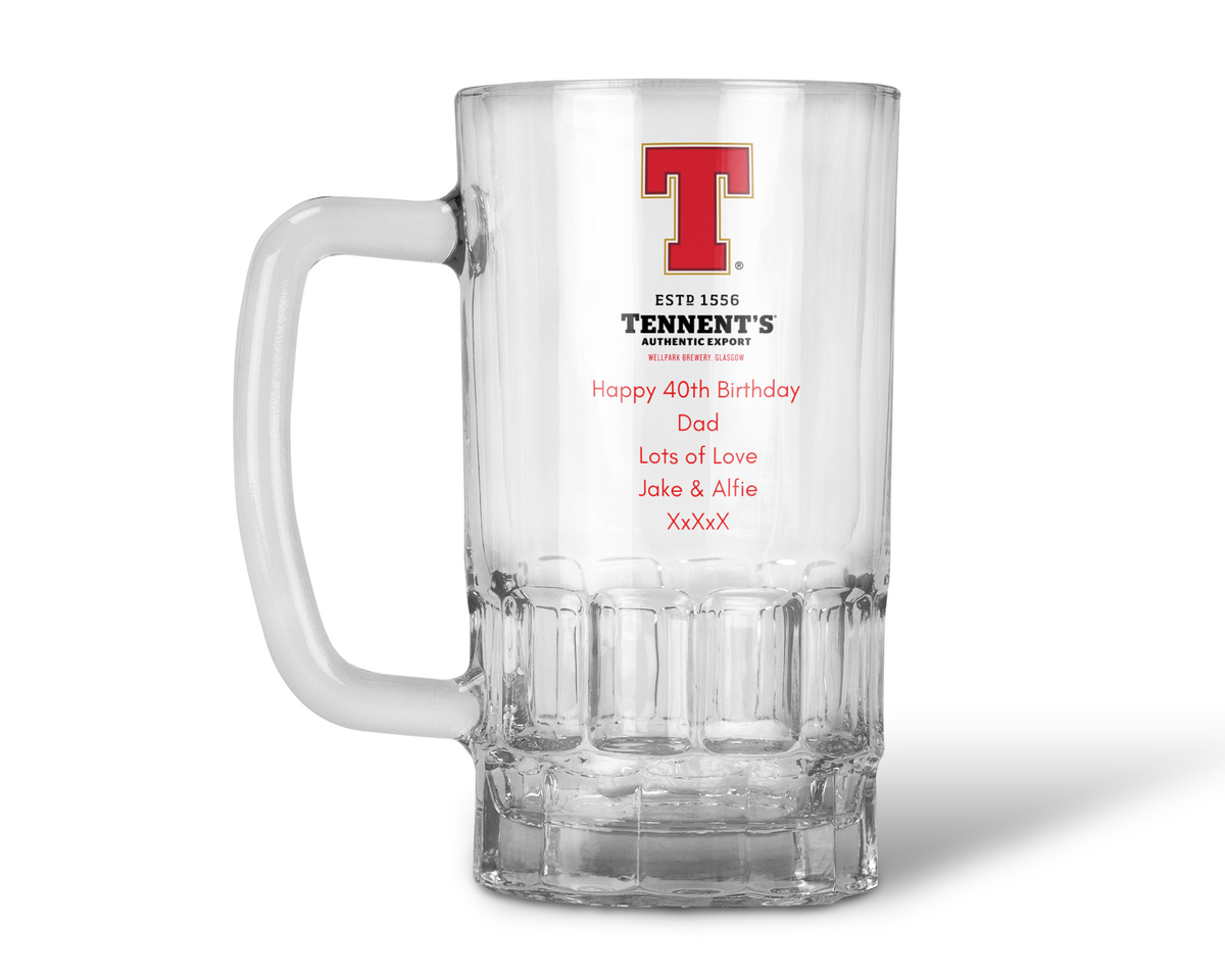 Personalised 20oz Pint Clear Glass Beer Tankard Mug - Tennent's Lager Design