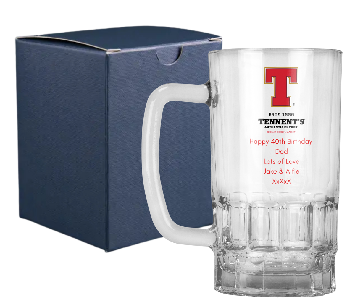 Personalised 20oz Pint Clear Glass Beer Tankard Mug - Tennent's Lager Design