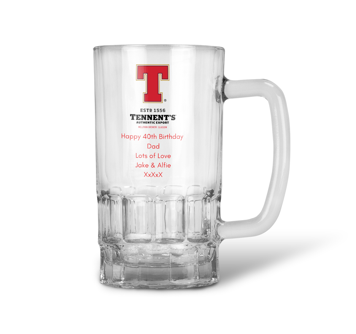 Personalised 20oz Pint Clear Glass Beer Tankard Mug - Tennent's Lager Design