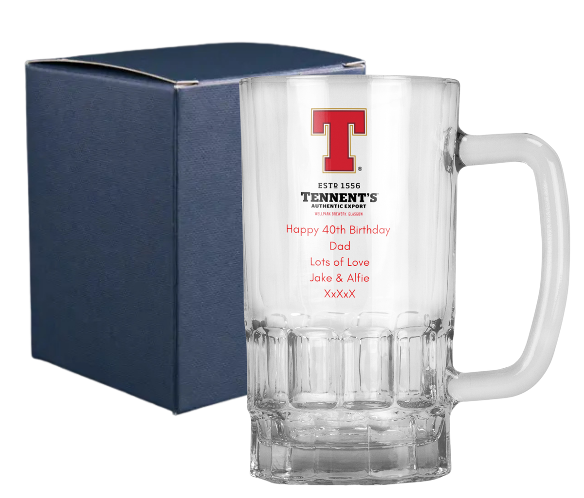 Personalised 20oz Pint Clear Glass Beer Tankard Mug - Tennent's Lager Design