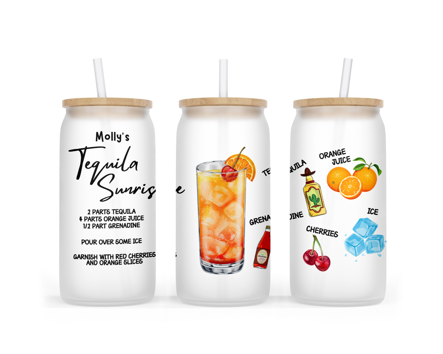 Personalised Frosted Glass Tumbler - Tequila Sunrise Cocktail Design