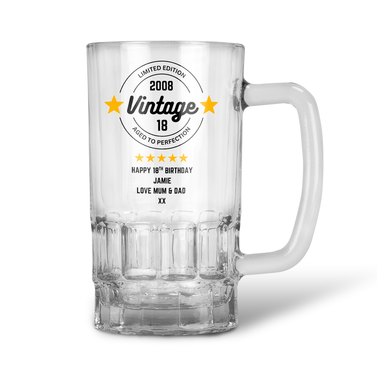 Personalised 20oz Pint Clear Glass Beer Tankard Mug - Vintage Stars Birthday Design