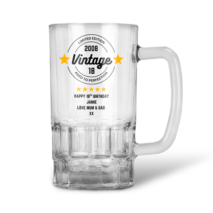 Personalised 20oz Pint Clear Glass Beer Tankard Mug - Vintage Stars Birthday Design